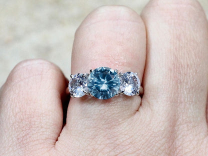 2ct Jubilee 8mm Aquamarine Blue Spinel Light Engagement Ring, White Sapphire, 3 Gem Stone BellaMoreDesign.com
