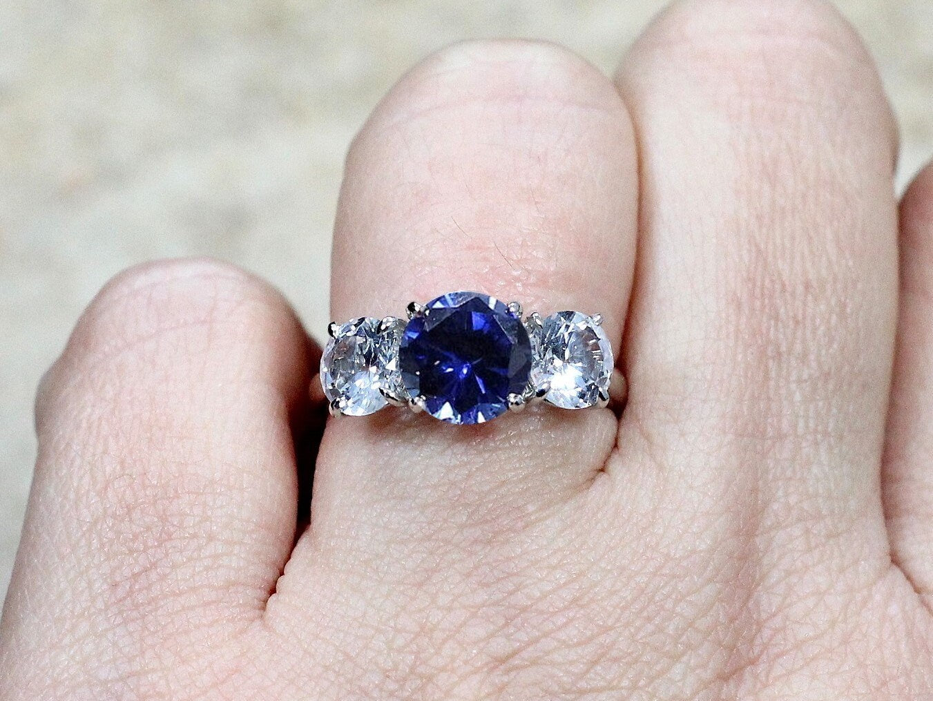 2ct Jubilee 8mm Blue & White Sapphire Engagement Ring, 3 Gem Stone Ring,Blue Sapphire Ring,Sapphire Ring,White-Yellow-Rose Gold-Platinum BellaMoreDesign.com