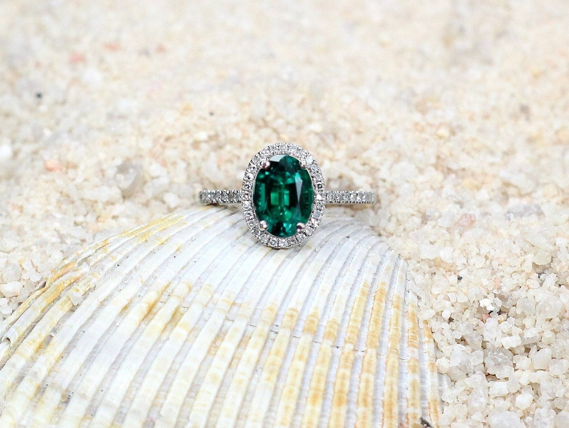 2ct Oval Halo Green Emerald Engagement Ring , Oval Halo Ring, Emerald Diamond Ring, Bridal Gold Ring, May Birthstone, Ovale Medio 8x6mm BellaMoreDesign.com