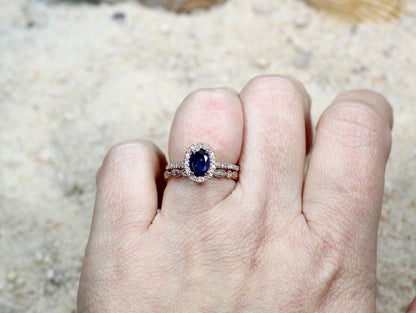 2ct Ovale 8mm Blue Sapphire Engagement Ring Set, Aeolus Eternity, Milgrain, Wedding Band Set BellaMoreDesign.com