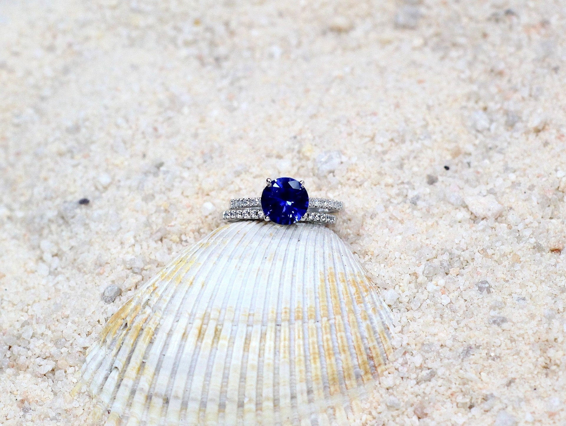 2ct Pistis 8mm Blue Sapphire & Diamonds Half Eternity Wedding Set  Rings BellaMoreDesign.com