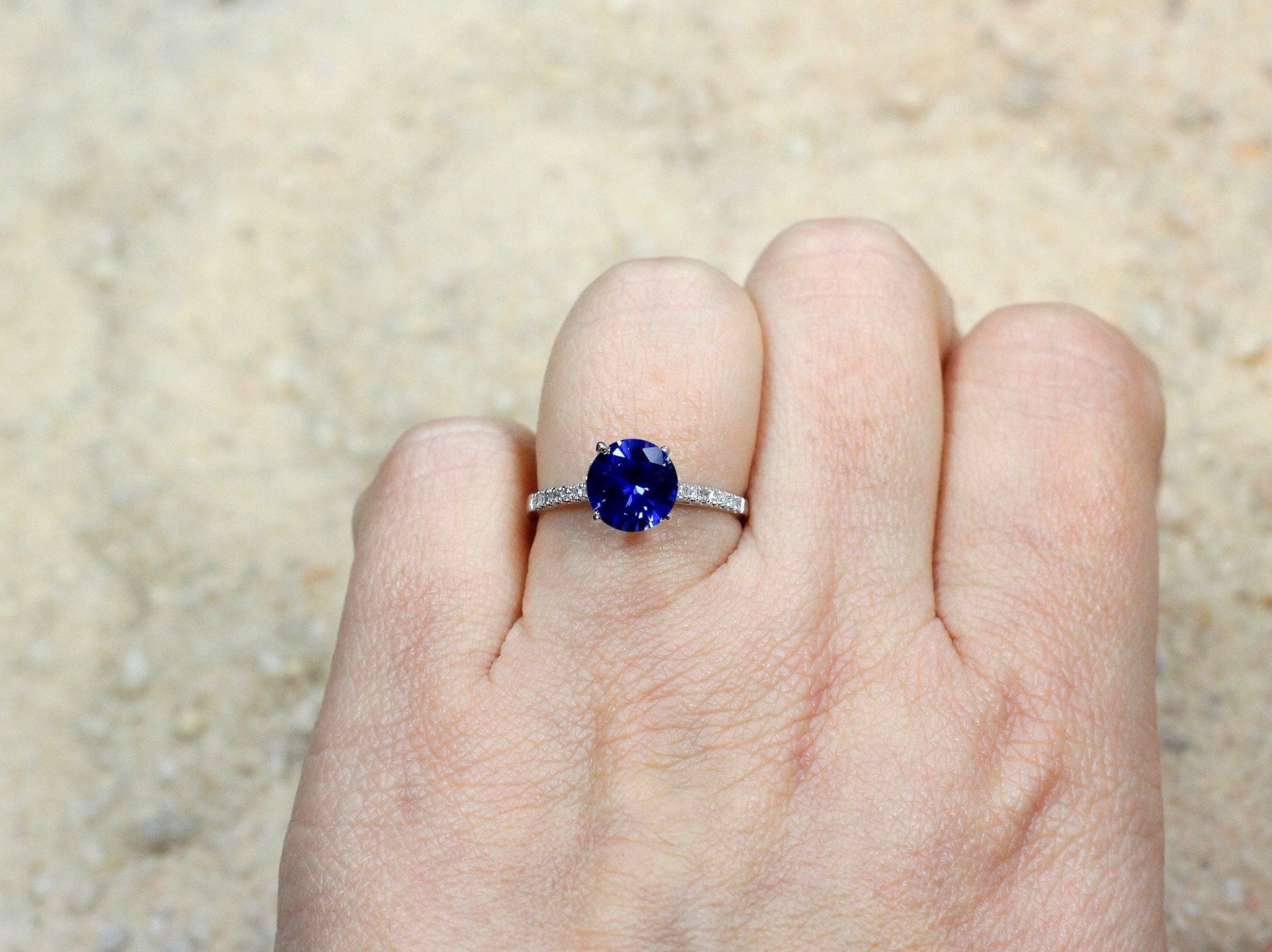 2ct Pistis 8mm Blue Sapphire Engagement Ring, Half Eternity Diamond Band BellaMoreDesign.com