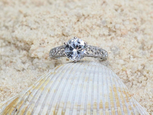 2ct Polymnia 8mm White Sapphire Engagement Ring, Antique, Filigree, Vintage BellaMoreDesign.com