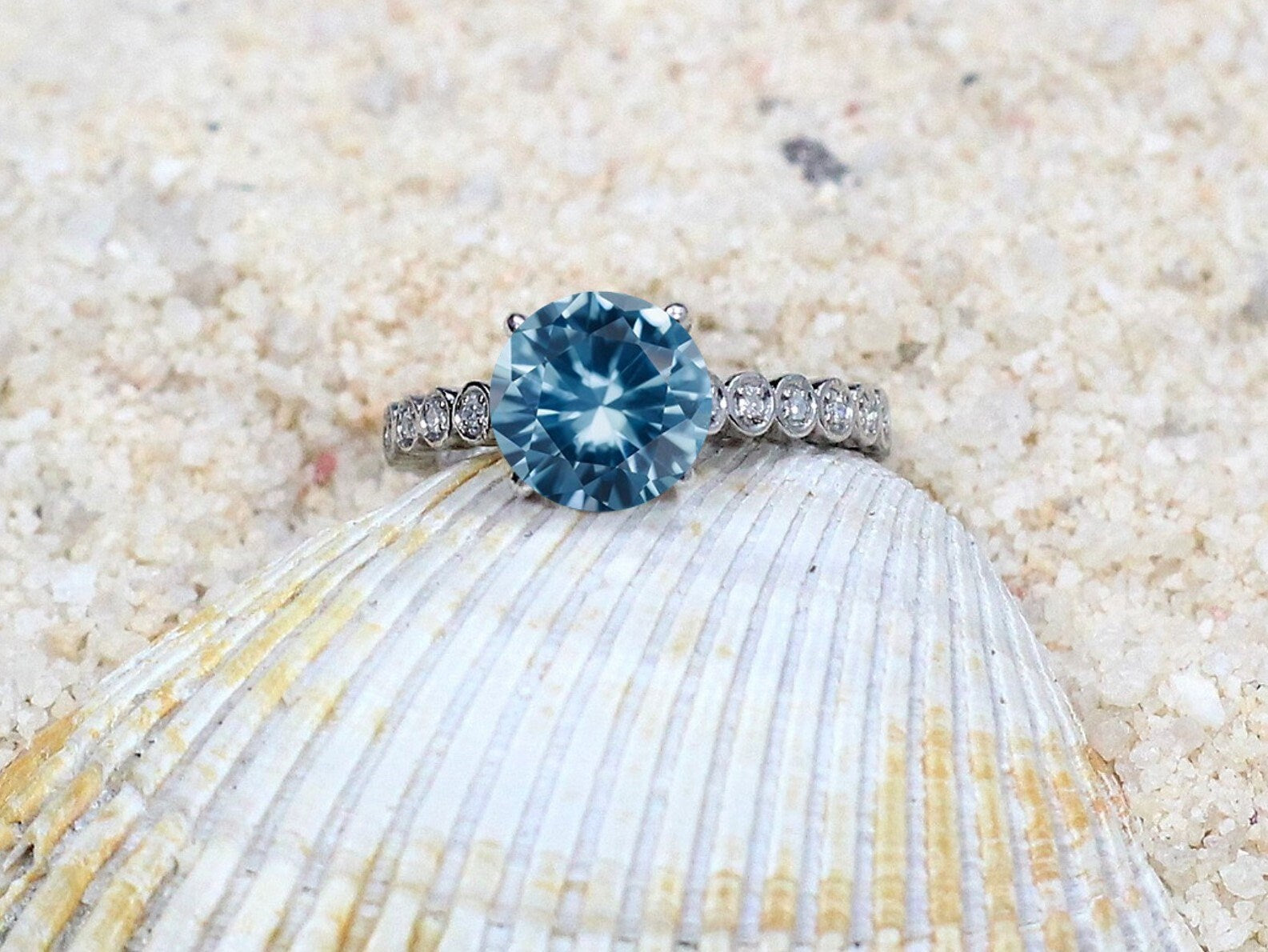 2ct Round Aquamarine Blue Spinel Engagement Ring, Vintage Ring, Milgrain Ring, Antique Ring, Ferarelle, Bridal Gold Ring, March Birthstone BellaMoreDesign.com