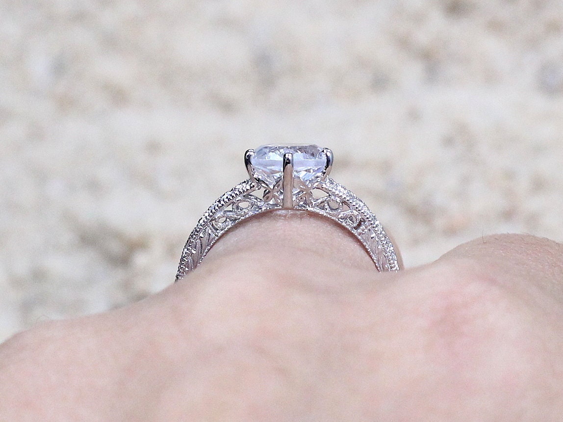 2ct Round White Topaz Engagement Ring, Antique Ring, Vintage Ring, Filigree Ring, Milgrain Ring, Polymnia, 8mm Custom Ring, Bridal Gold Ring BellaMoreDesign.com