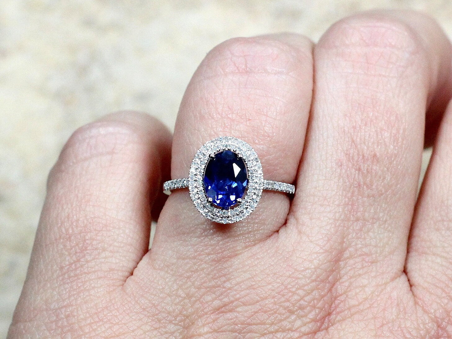 2ct Urania 8x6mm Blue Sapphire & Diamonds Oval Double Halo Engagement Ring BellaMoreDesign.com