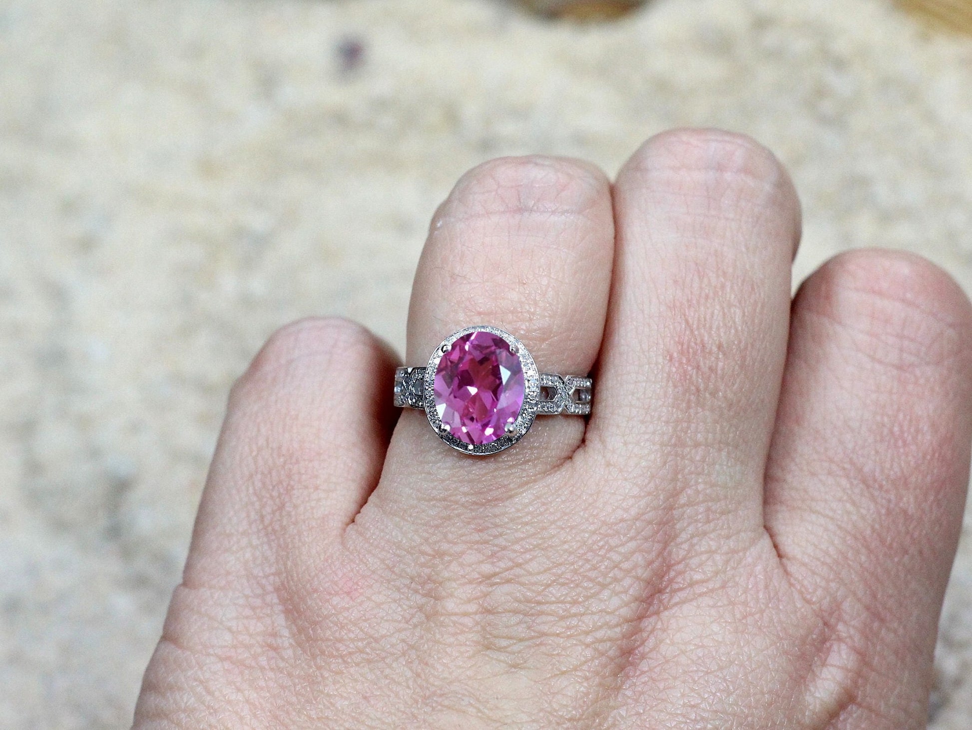 3.5ct 10x8mm Pink Sapphire Engagement Ring, Oval Halo, Infinity Band, XOXO BellaMoreDesign.com