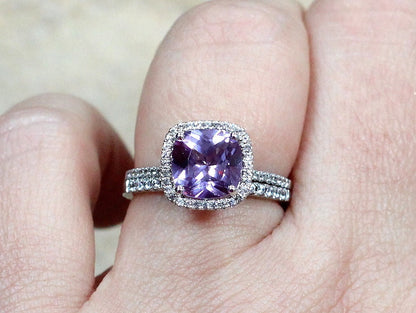 3ct Cuscino 8mm Color Change Sapphire & Diamonds Accent Cushion Halo Engagement Ring Set BellaMoreDesign.com