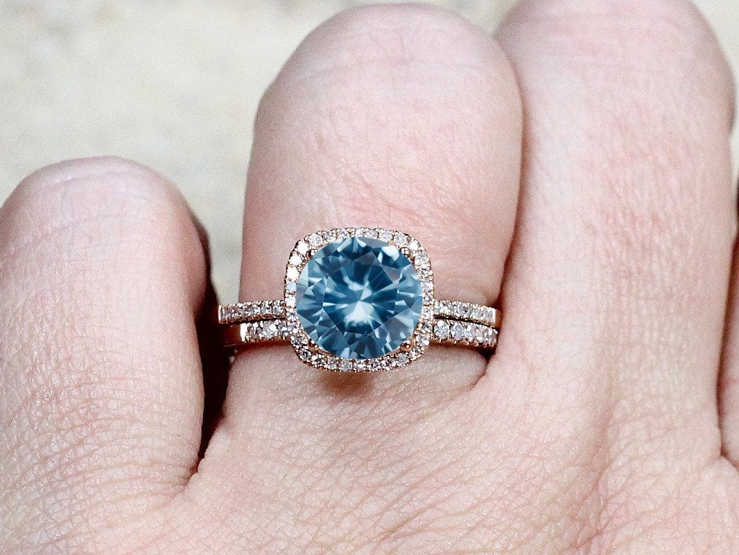 3ct Cuscino 8mm Light Blue Spinel Cushion Halo Diamonds Accent Wedding Band Set Rings BellaMoreDesign.com