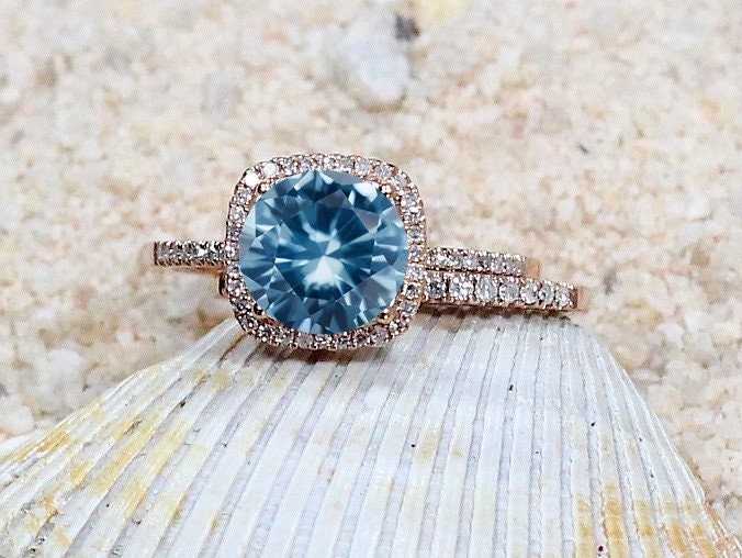 3ct Cuscino 8mm Light Blue Spinel Cushion Halo Diamonds Accent Wedding Band Set Rings BellaMoreDesign.com