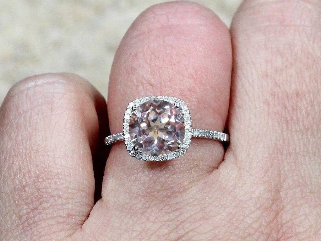 3ct Cuscino 8mm Peach Sapphire Cushion  Halo Engagement Ring. BellaMoreDesign.com