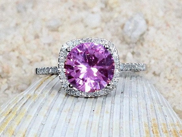 3ct Cuscino 8mm Pink Sapphire Diamond Cushion Halo Engagement Ring. BellaMoreDesign.com