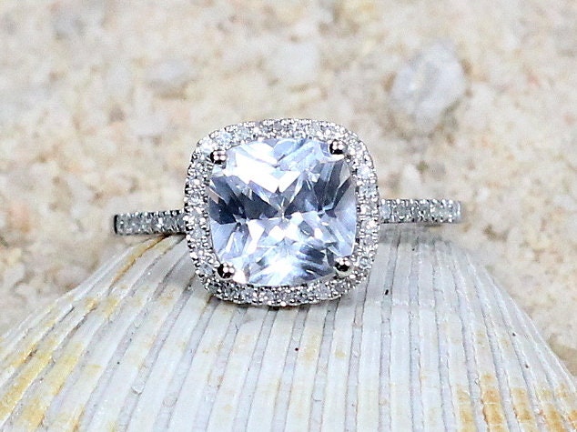 3ct Cuscino 8mm White Sapphire Engagement Ring, Diamonds Cushion Halo BellaMoreDesign.com