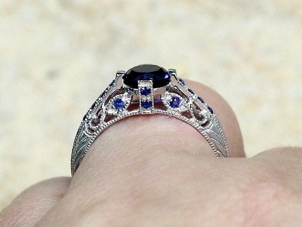 3ct Dionysus 9x7mm Oval Blue Sapphire Engagement Ring, Filigree, Vintage, Antique BellaMoreDesign.com