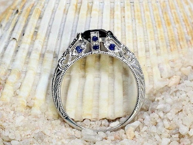 3ct Dionysus 9x7mm Oval Blue Sapphire Engagement Ring, Filigree, Vintage, Antique BellaMoreDesign.com