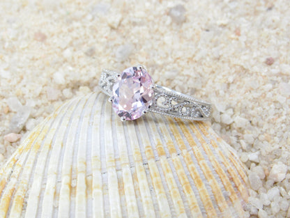 3ct Peach Sapphire Oval Engagement Ring, Vintage Ring, Antique Ring, Filigree Ring, Polymnia, 9x7mm, Promise Ring, Bridal Gold Ring BellaMoreDesign.com