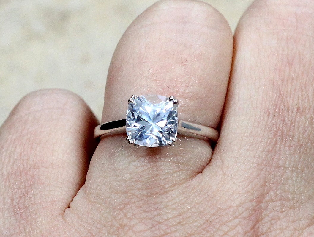 3ct Phoebe 8mm White Sapphire Engagement Ring, Cushion, Double Prong BellaMoreDesign.com