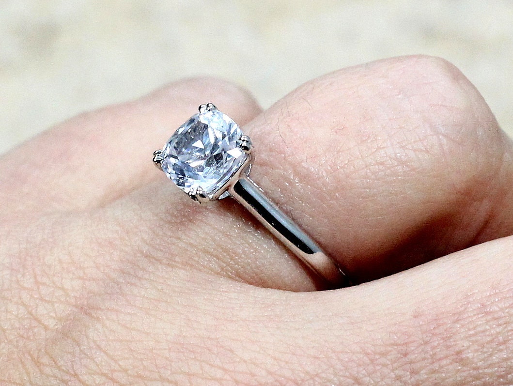 3ct Phoebe 8mm White Sapphire Engagement Ring, Cushion, Double Prong BellaMoreDesign.com