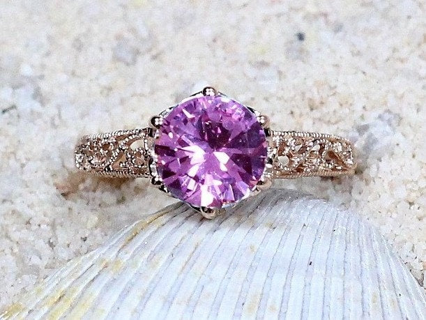 3ct Polymnia 9mm Pink Sapphire Engagement Ring, Vintage, Filigree, Miligrain BellaMoreDesign.com