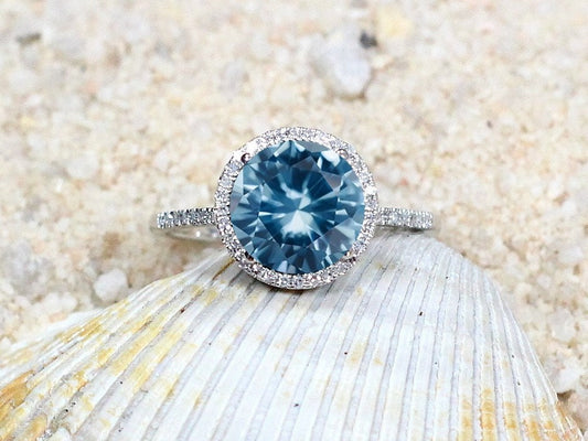 3ct Pricus 9mm Aquamarine Blue Spinel & Diamonds Accent Round Halo Engagement Ring BellaMoreDesign.com