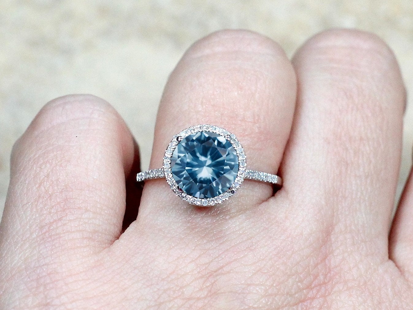 3ct Pricus 9mm Aquamarine Blue Spinel & Diamonds Accent Round Halo Engagement Ring BellaMoreDesign.com