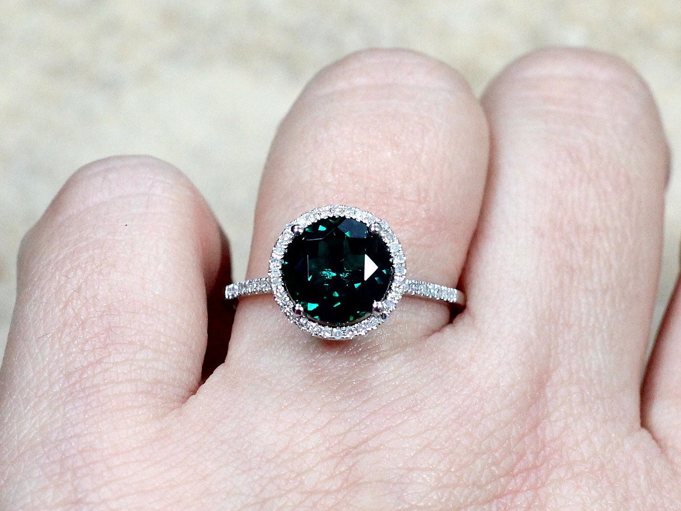 3ct Pricus 9mm Emerald Engagement Ring & Diamonds Round Halo BellaMoreDesign.com