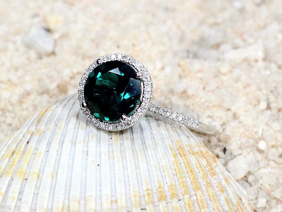 3ct Pricus 9mm Emerald Engagement Ring & Diamonds Round Halo BellaMoreDesign.com