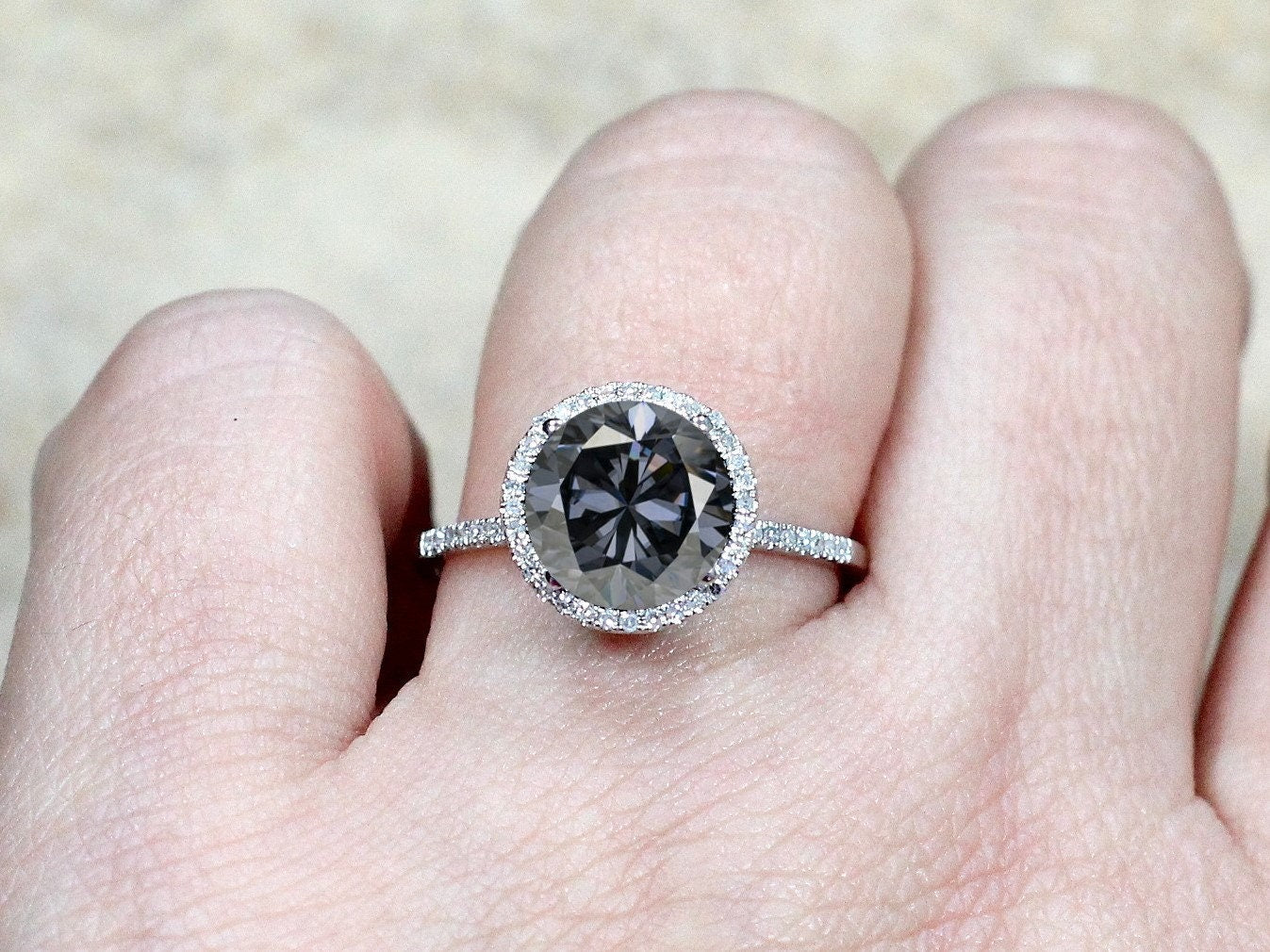 3ct Pricus 9mm Grey Moissanite & Diamonds Round Halo Engagement Ring, round halo moissanite ring, round bridal moissanite ring for her BellaMoreDesign.com
