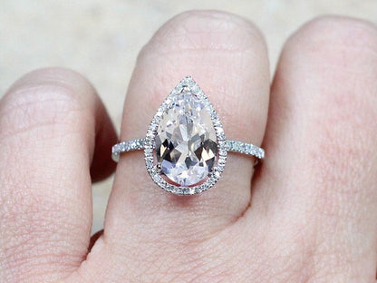 4.5ct Helena 12x8mm White Sapphire Pear Halo & Diamonds Accent Engagement Ring BellaMoreDesign.com