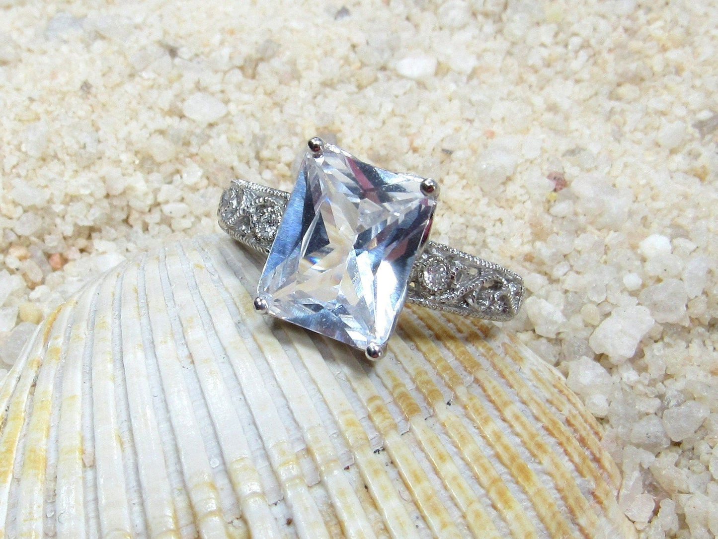 4ct Emerald Cut White Sapphire Engagement Ring, Filigree Ring, Milgrain Ring, Vintage Ring, September Birthstone, Polymnia, 10x8mm, BellaMoreDesign.com