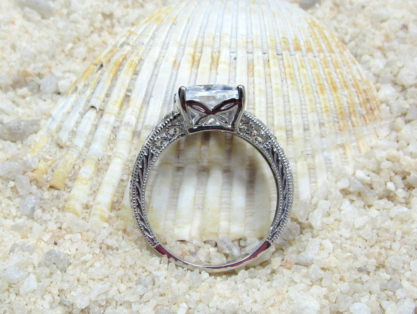 4ct Emerald Cut White Sapphire Engagement Ring, Filigree Ring, Milgrain Ring, Vintage Ring, September Birthstone, Polymnia, 10x8mm, BellaMoreDesign.com