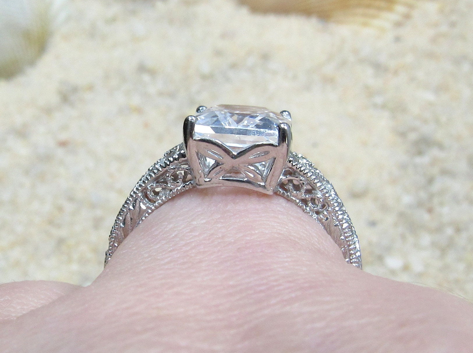 4ct Emerald Cut White Sapphire Engagement Ring, Filigree Ring, Milgrain Ring, Vintage Ring, September Birthstone, Polymnia, 10x8mm, BellaMoreDesign.com