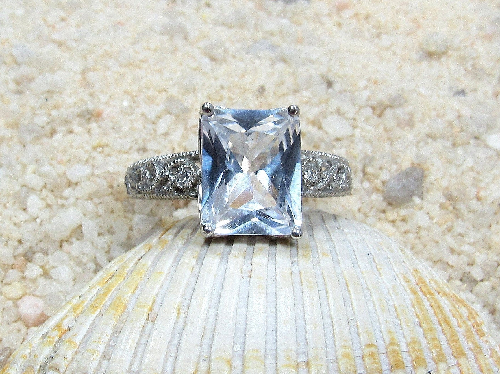 4ct Emerald Cut White Sapphire Engagement Ring, Filigree Ring, Milgrain Ring, Vintage Ring, September Birthstone, Polymnia, 10x8mm, BellaMoreDesign.com