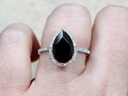 4ct Helena 12x8mm Black Spinel Pear & Diamonds Accent Halo Engagement Ring BellaMoreDesign.com