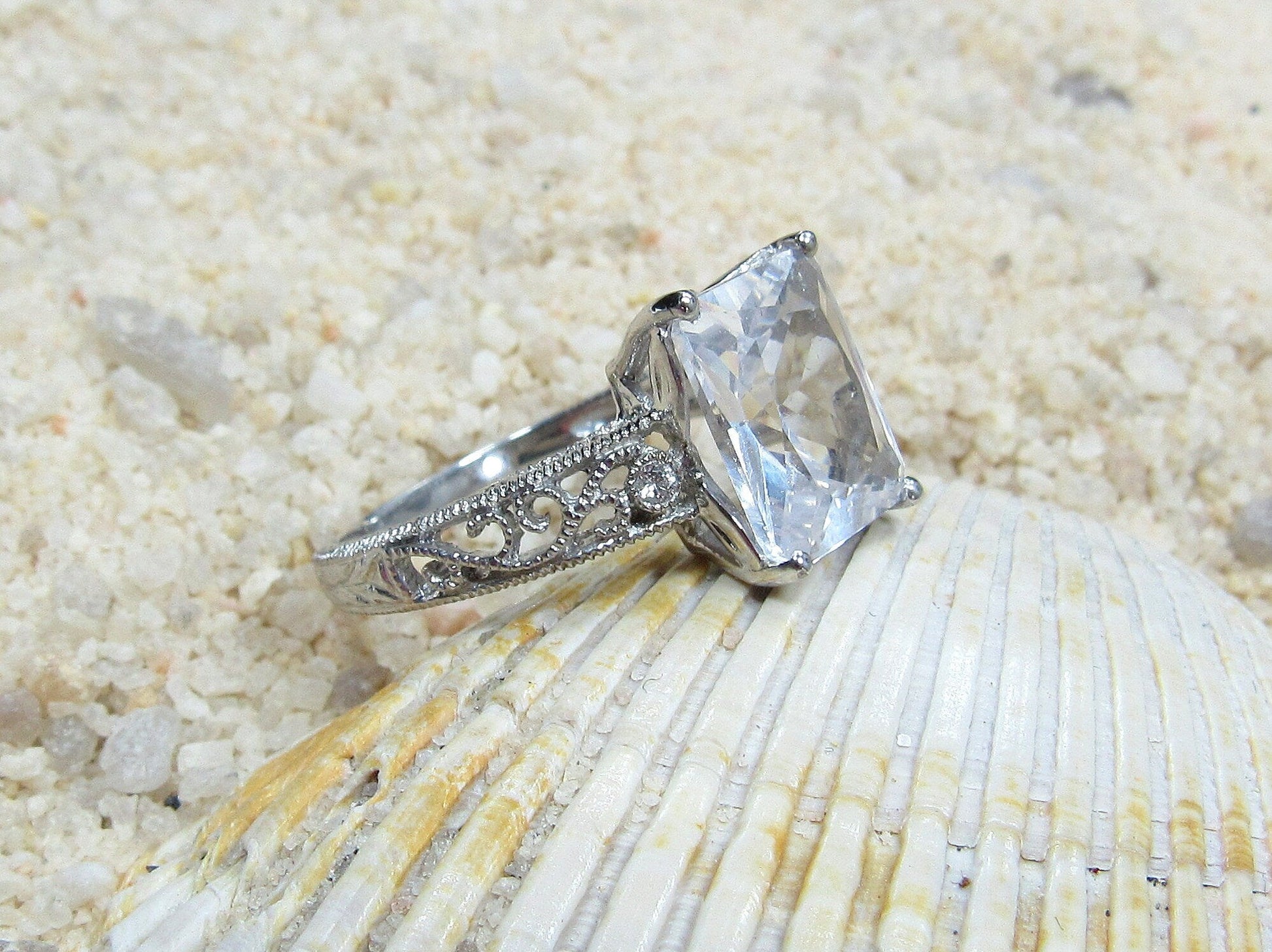 4ct Lab Diamond Engagement Ring, Vintage Ring, Filigree Ring, Milgrain Ring, 10x8mm Emerald Cut Lab Grown Diamond, Polymnia BellaMoreDesign.com