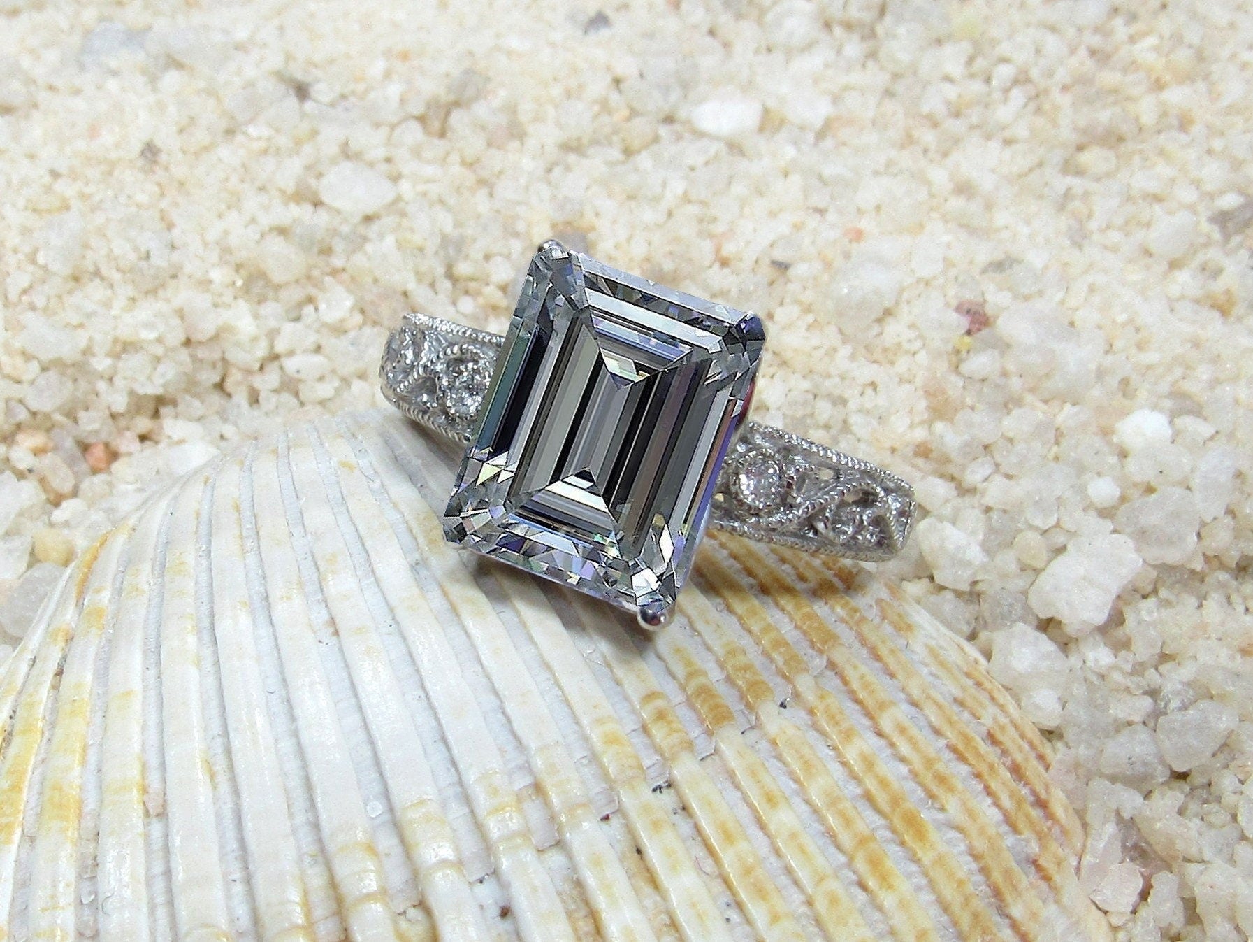 4ct Lab Diamond Ring, Lab Grown Ring, Antique Ring, Filigree Ring, Milgrain Ring, 10x8mm Emerald Cut Lab Created Diamond, Polymnia BellaMoreDesign.com