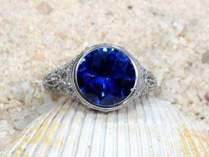 5ct Aegle 10mm Blue Sapphire Vintage Engagement Ring Antique Milgrain Bezel Filigree Band BellaMoreDesign.com