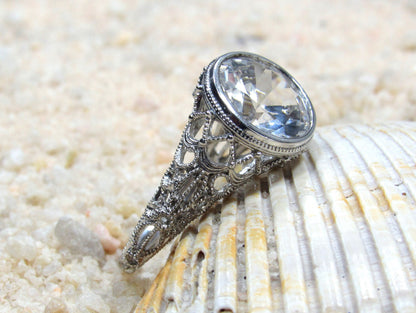 5ct Aegle 10mm Blue Sapphire Vintage Engagement Ring Antique Milgrain Bezel Filigree Band BellaMoreDesign.com