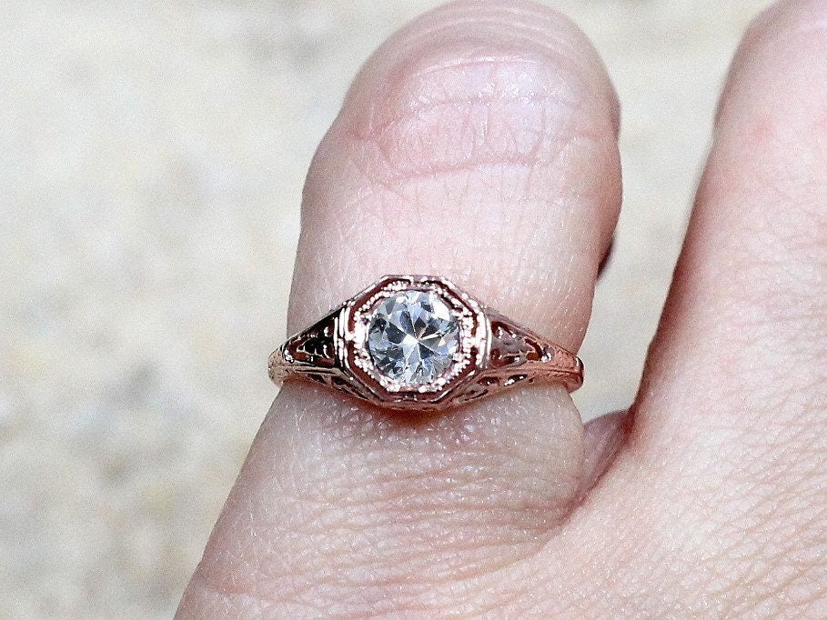 5mm White Topaz Engagement Ring, Antique Ring, Filigree Ring, Vintage Ring, White Topaz Diamond Ring, Bridal Gold Ring, Kassandra BellaMoreDesign.com