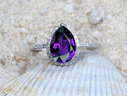 Alexandrite Sapphire Engagement Ring Set,Diamond Pear Halo,Wedding Band Set,Goccia,2.5ct Ring,White-Yellow-Rose Gold-10k-14k-18k-Platinum BellaMoreDesign.com