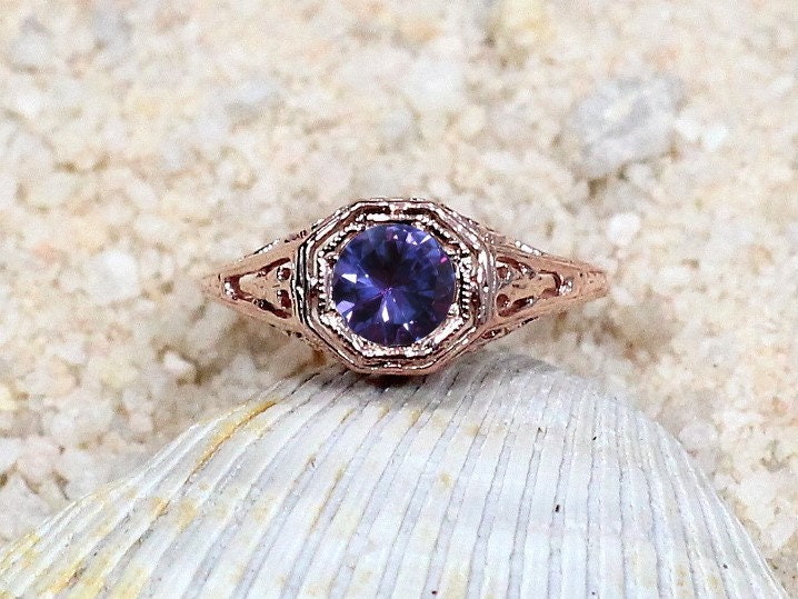 Alexandrite Sapphire Engagement Ring, Vintage, Antique, Filigree, Round cut, Kassandra, .75ct, 5mm,Gift For Her,Gold-Plt BellaMoreDesign.com