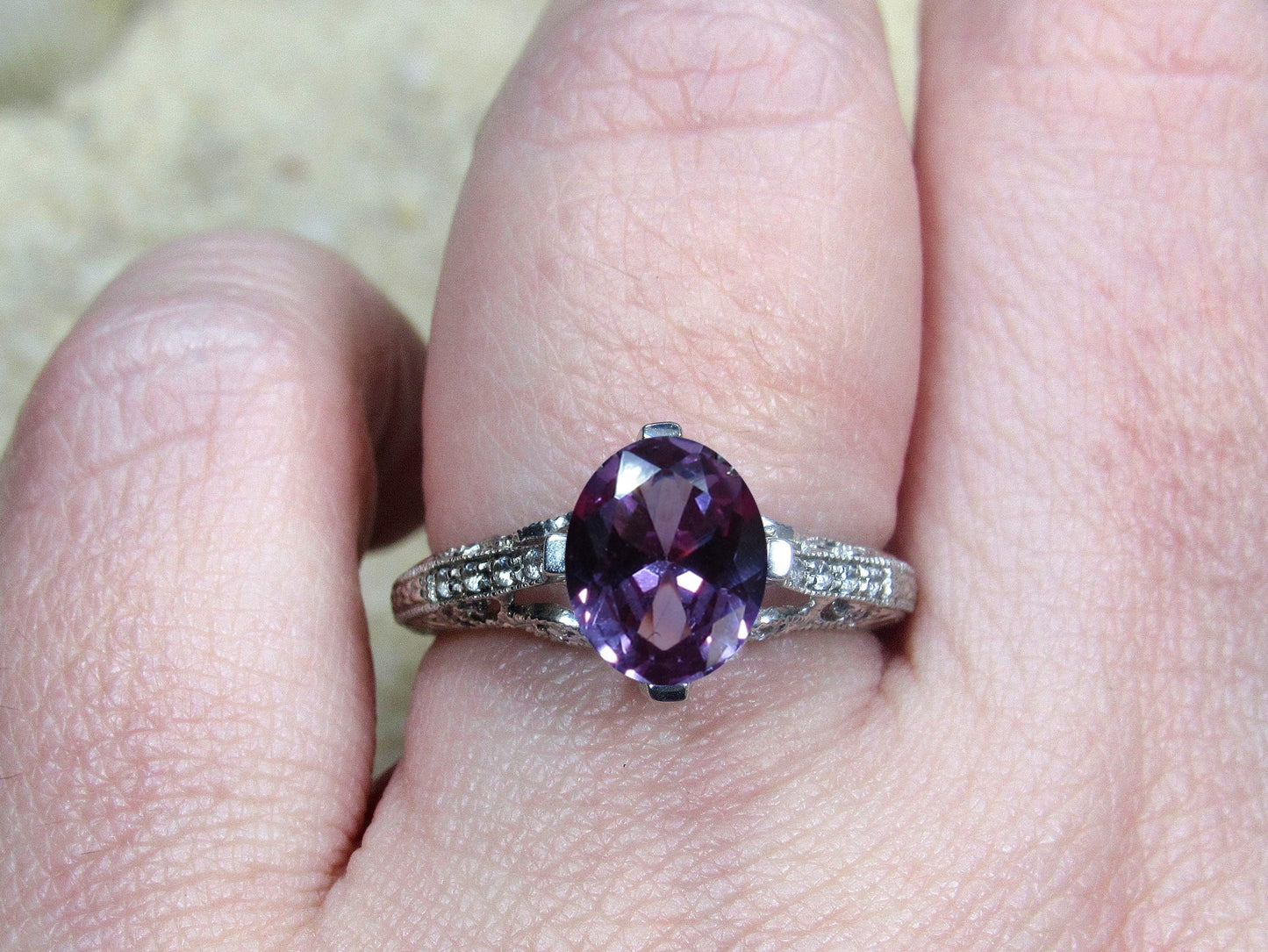 Alexandrite Sapphire Engagement Ring,Vintage Filigree Ring,3ct Oval 9x7mm,Dionysus,Color change Ring,White-Yellow-Rose Gold-14k-18k-Platinum BellaMoreDesign.com