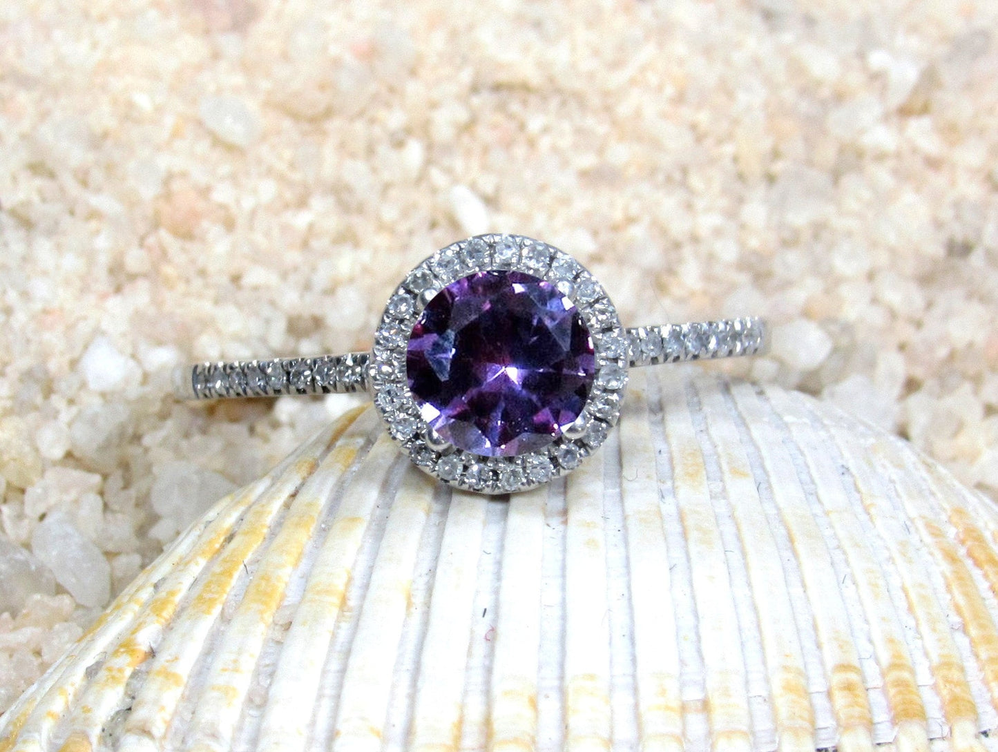 Alexandrite Sapphire Purple Engagement Ring, Round Diamonds Halo Ring, Pricus, 1ct Ring,White Gold-Yellow Gold-Rose Gold Ring, 6mm BellaMoreDesign.com
