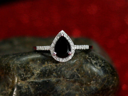 Black Spinel & Diamond Pear Halo Engagement Ring Goccia 1ct 7x5mm Custom Size White-Yellow-Rose Gold-10k-14k-18k-Platinum Diamonds Cathedral BellaMoreDesign.com
