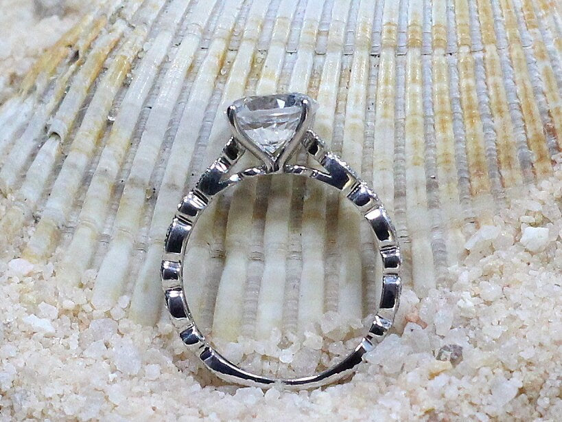 Black Spinel & Diamonds Engagement Ring Almost Eternity Bezel Leaf Round cut Aeolus 2ct 8mm Custom White-Yellow-Rose Gold-10k-14k-18k-Plat BellaMoreDesign.com