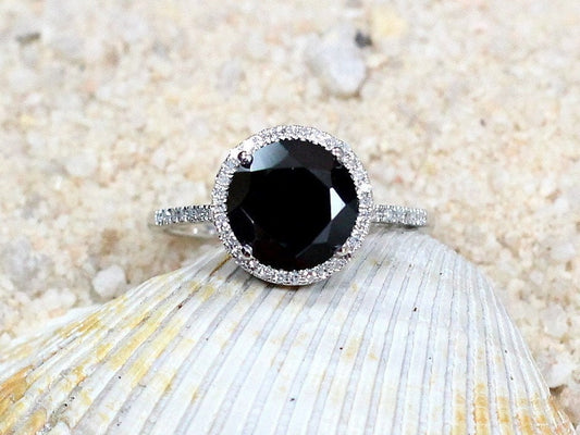 Black Spinel & Diamonds Engagement Ring Halo Round Pricus 3ct 9mm Custom Size White-Yellow-Rose Gold-10k-14k-18k-Platinum BellaMoreDesign.com