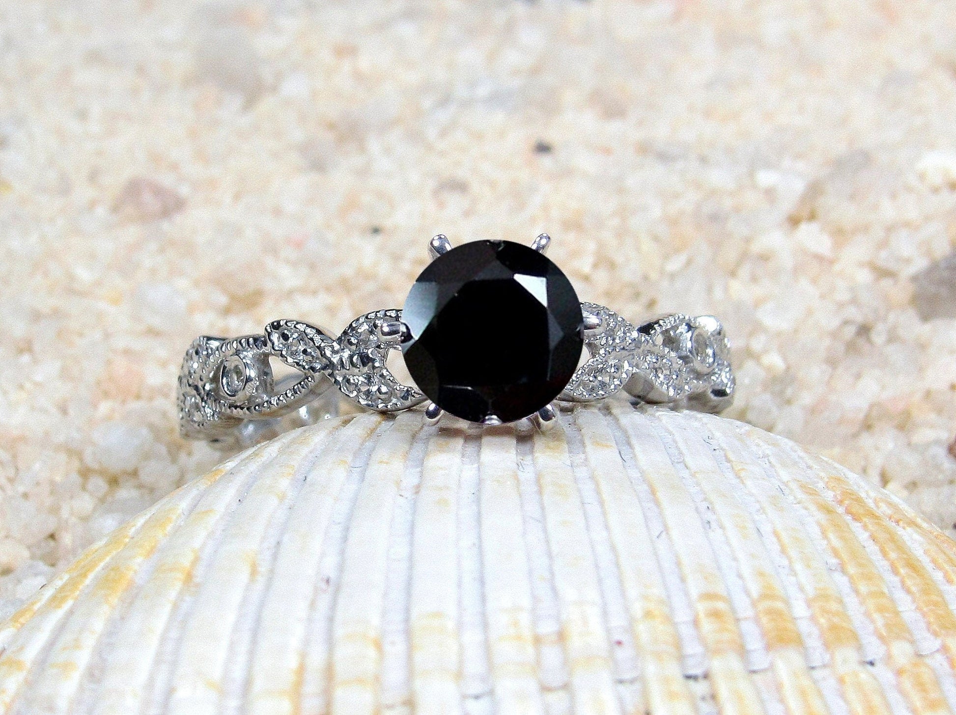 Black Spinel Diamonds Engagement Ring Leaf Milgrain Beaded Edge
