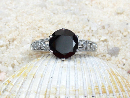 Black Spinel Diamonds Engagement Ring Polymnia Antique Filigree Round Vintage 2ct 8mm Custom White-Yellow-Rose Gold-10k-14k-18k-Platinum BellaMoreDesign.com