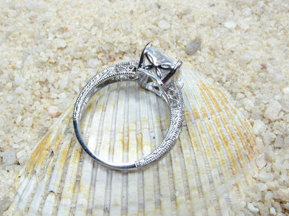 Black Spinel & Diamonds Engagement Ring, Polymnia, Vintage, Antique, Filigree, Milgrain, 4ct, 10x8mm, Emerald Cut BellaMoreDesign.com