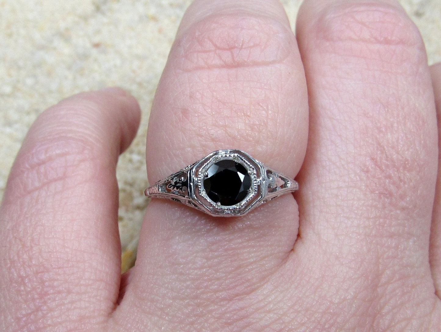 Black Spinel Engagement Ring,Antique Ring,Filigree Ring,Vintage Ring,Kassandra,.75ct Ring,White-Yellow-Rose Gold-10k-14k-18k-Plt BellaMoreDesign.com